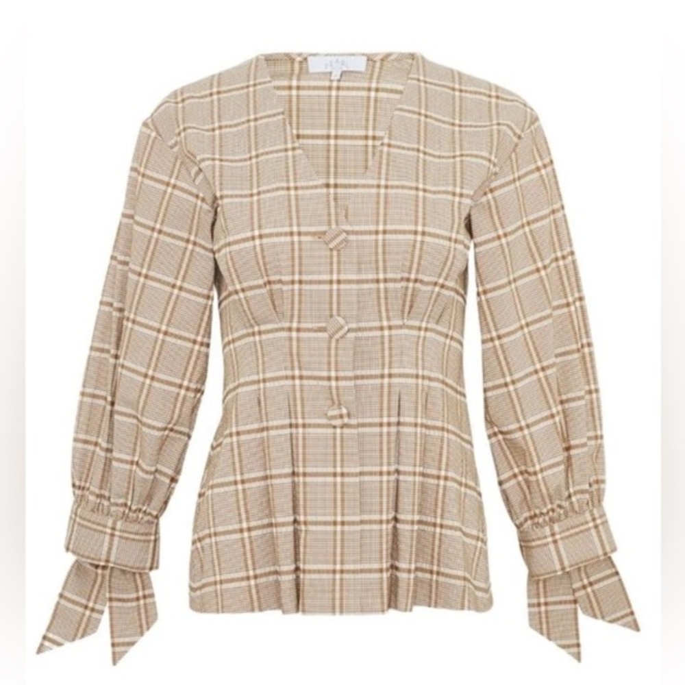 NWT! Pearl by Lela Rose Size M • Plaid Seersucker Top Camel/ivory.